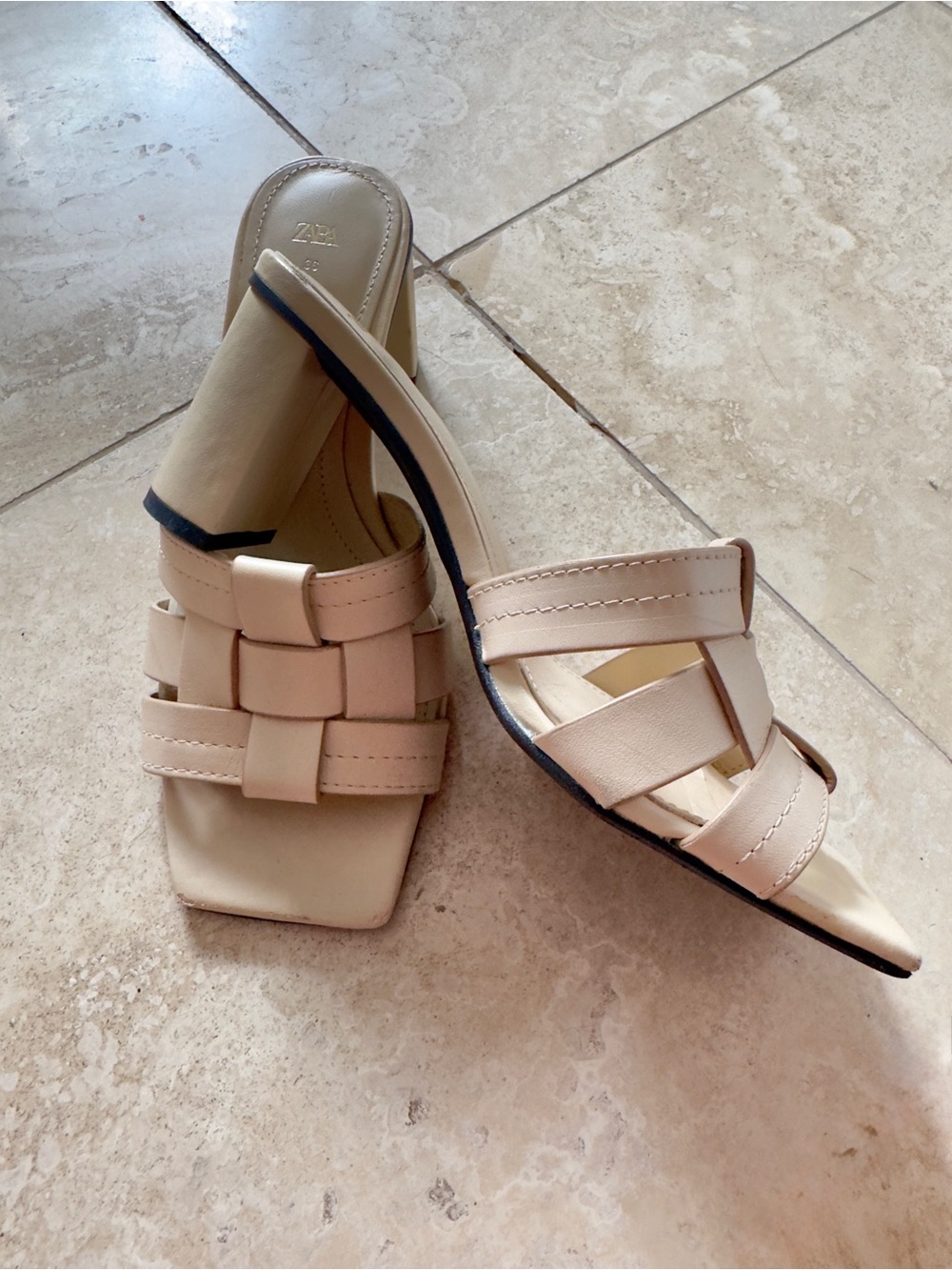 Zara Neutral Woven Leather-Look Slide Sandals - Light Beige